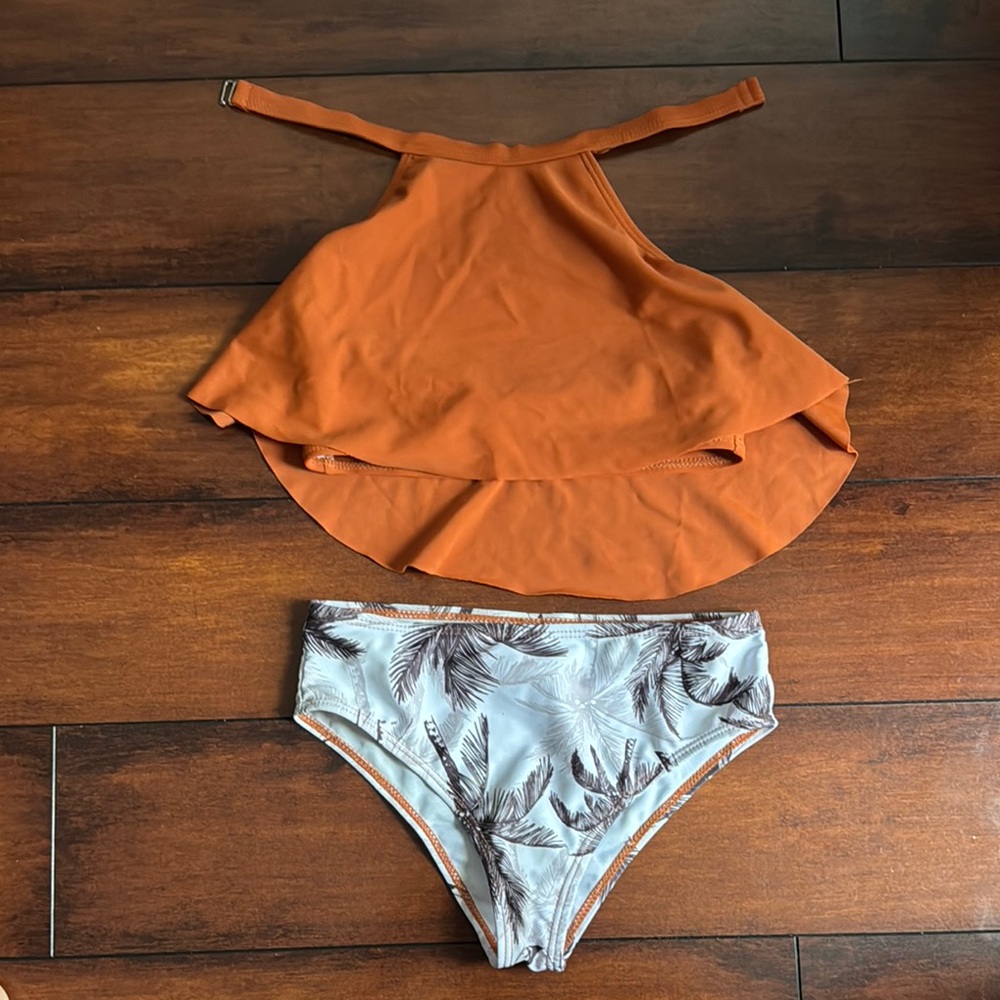 Orange Halter Bikini Top with Palm Print Bottoms